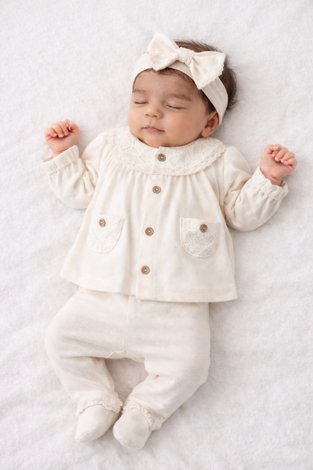 Neugeborenes trägt Bio Newborn Set aus Baumwolle – nachhaltige Babykleidung in Creme