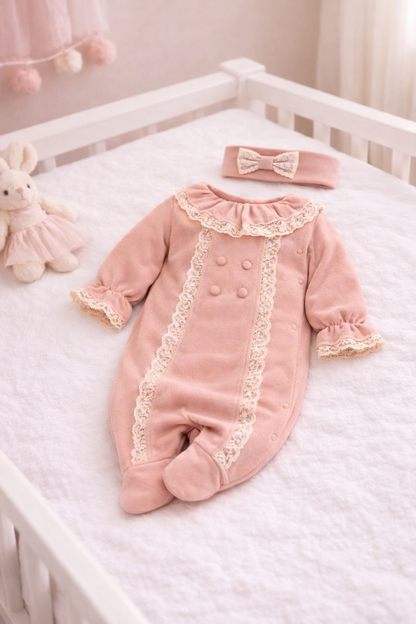 Baby trägt Samtstrampler Luna Rose