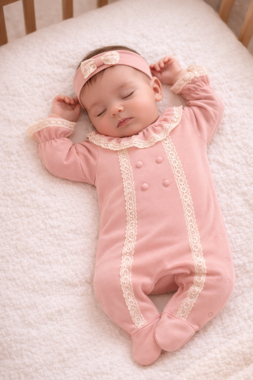 Baby trägt Samtstrampler Luna Rose – Komfort & Stil vereint