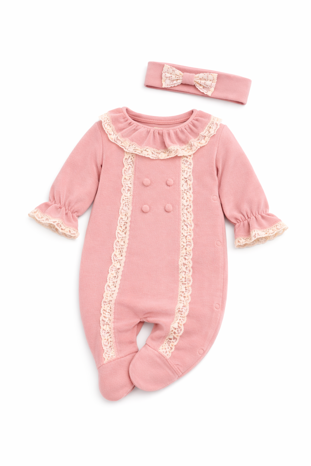 Baby Samtstrampler Luna Rose mit Spitze und Stirnband – weiche Babykleidung