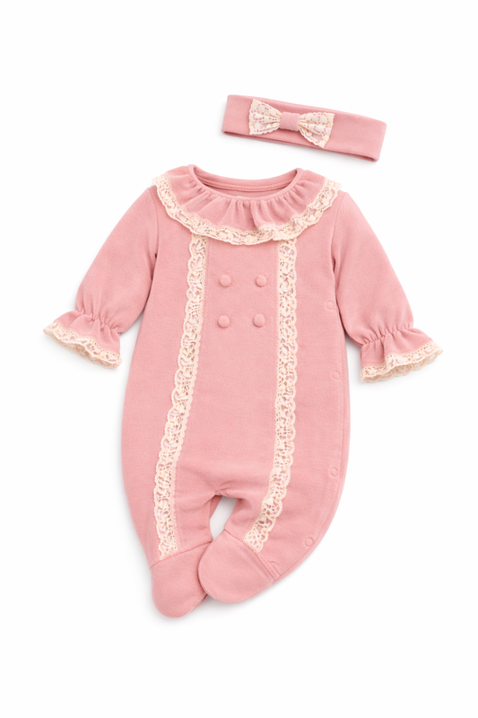 Baby Samtstrampler Luna Rose mit Spitze und Stirnband – weiche Babykleidung
