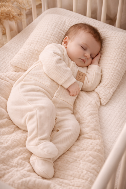 Baby trägt cremefarbenen Waffle Bunny Overall – komfortable Babykleidung