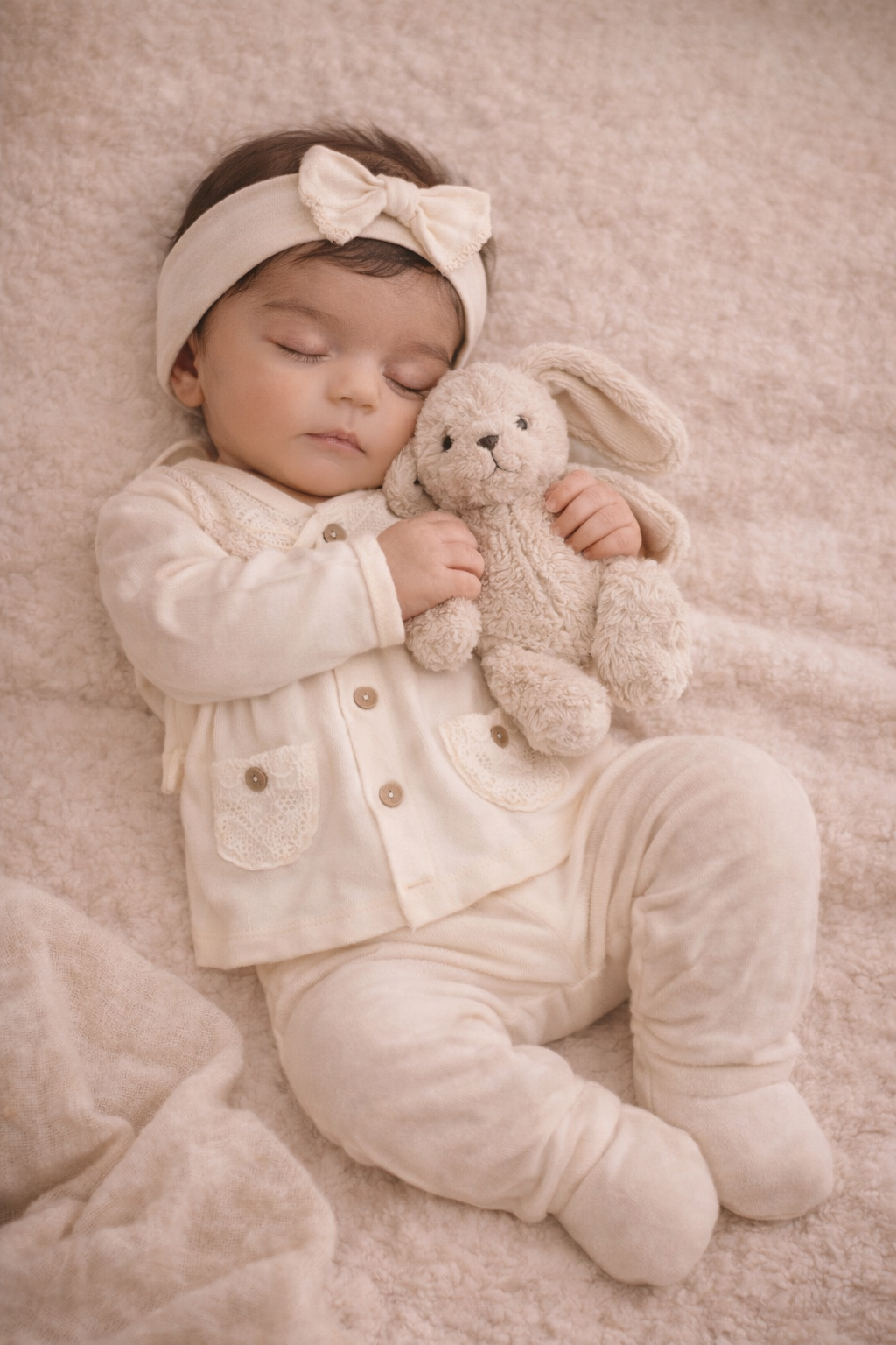 Neugeborenes trägt Bio Newborn Set aus Baumwolle – nachhaltige Babykleidung in Creme