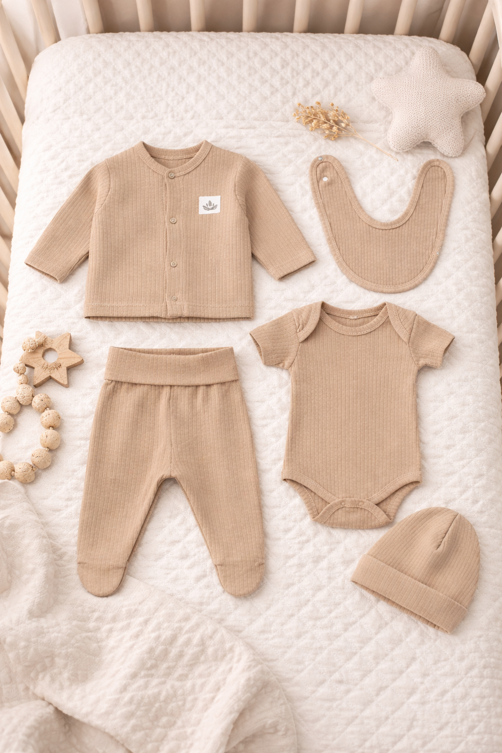 5-teiliges Baby Essentials Set – Bodys, Hosen, Mütze, Handschuhe, Schnuffeltuch