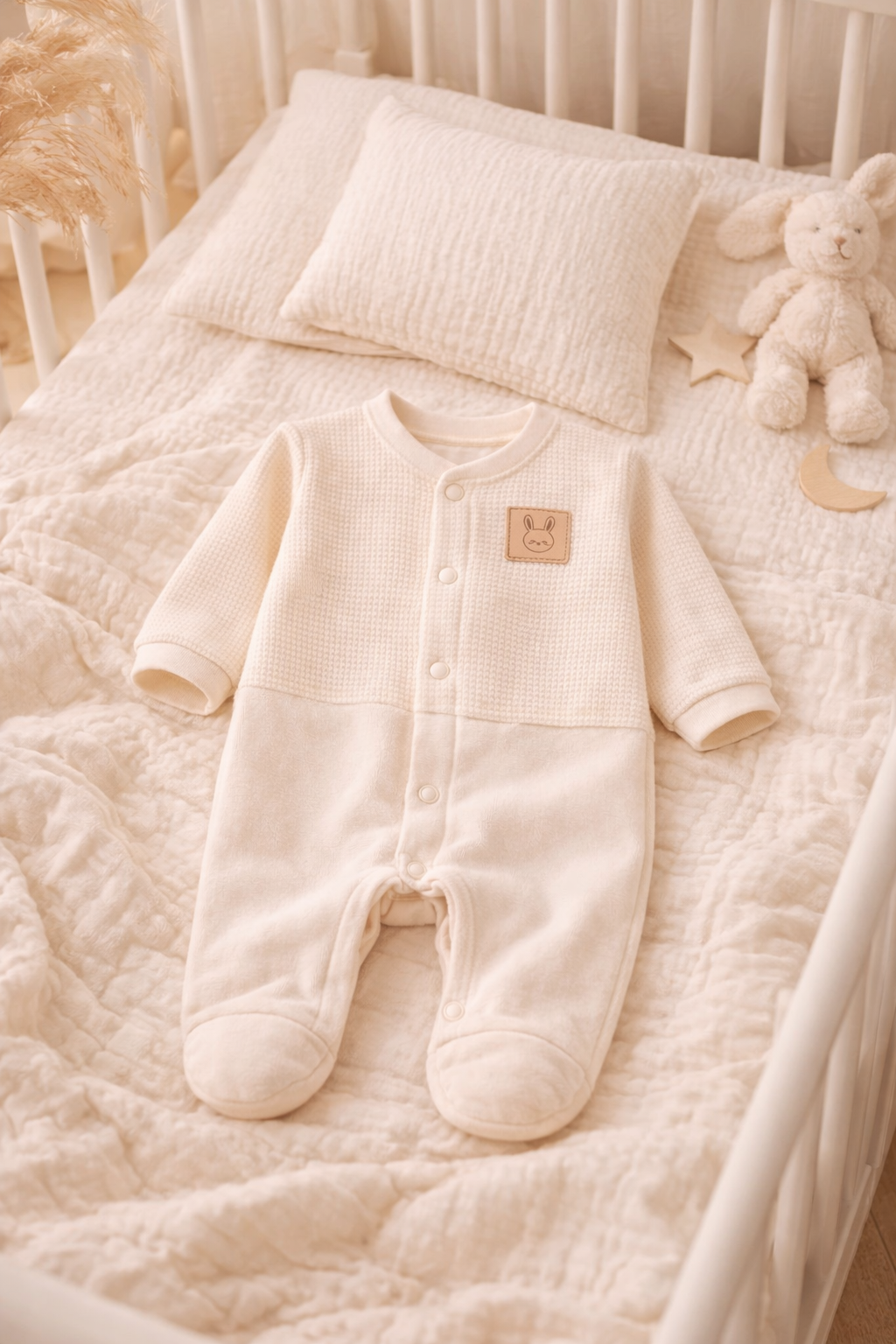 Baby Strampler mit Fuß aus Waffel-Material – cremefarben