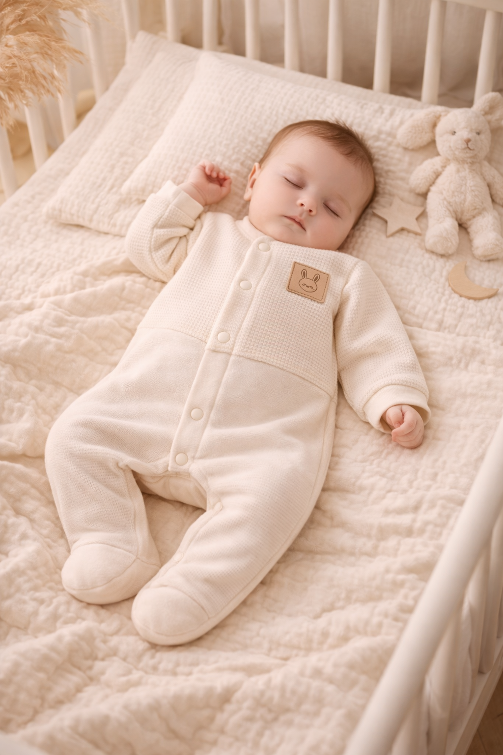 Baby trägt cremefarbenen Waffle Bunny Overall – komfortable Babykleidung