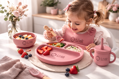 Silikon Baby Geschirr Set mit Teller & Löffel – rosa