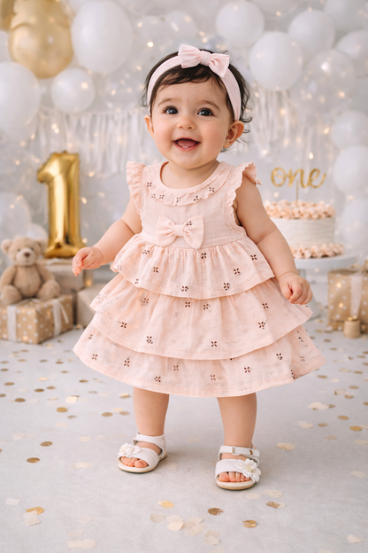 Baby trägt Volantkleid mit Schleife & Stirnband – Bio Baumwolle