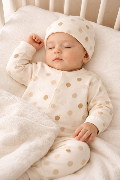 Baby trägt Balloon Dream Baby Set – bequemes Outfit für Alltag und Schlaf